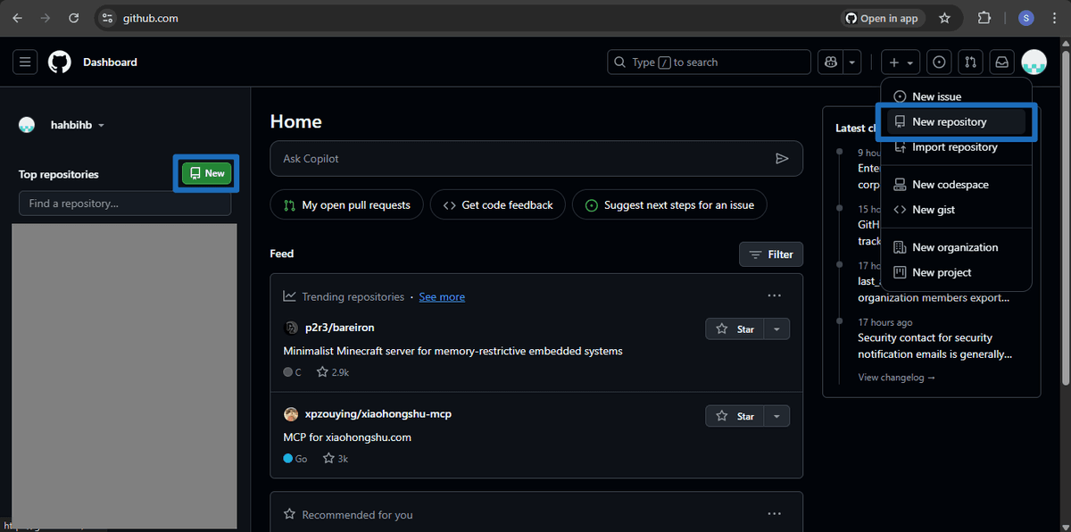 Github click new repo image